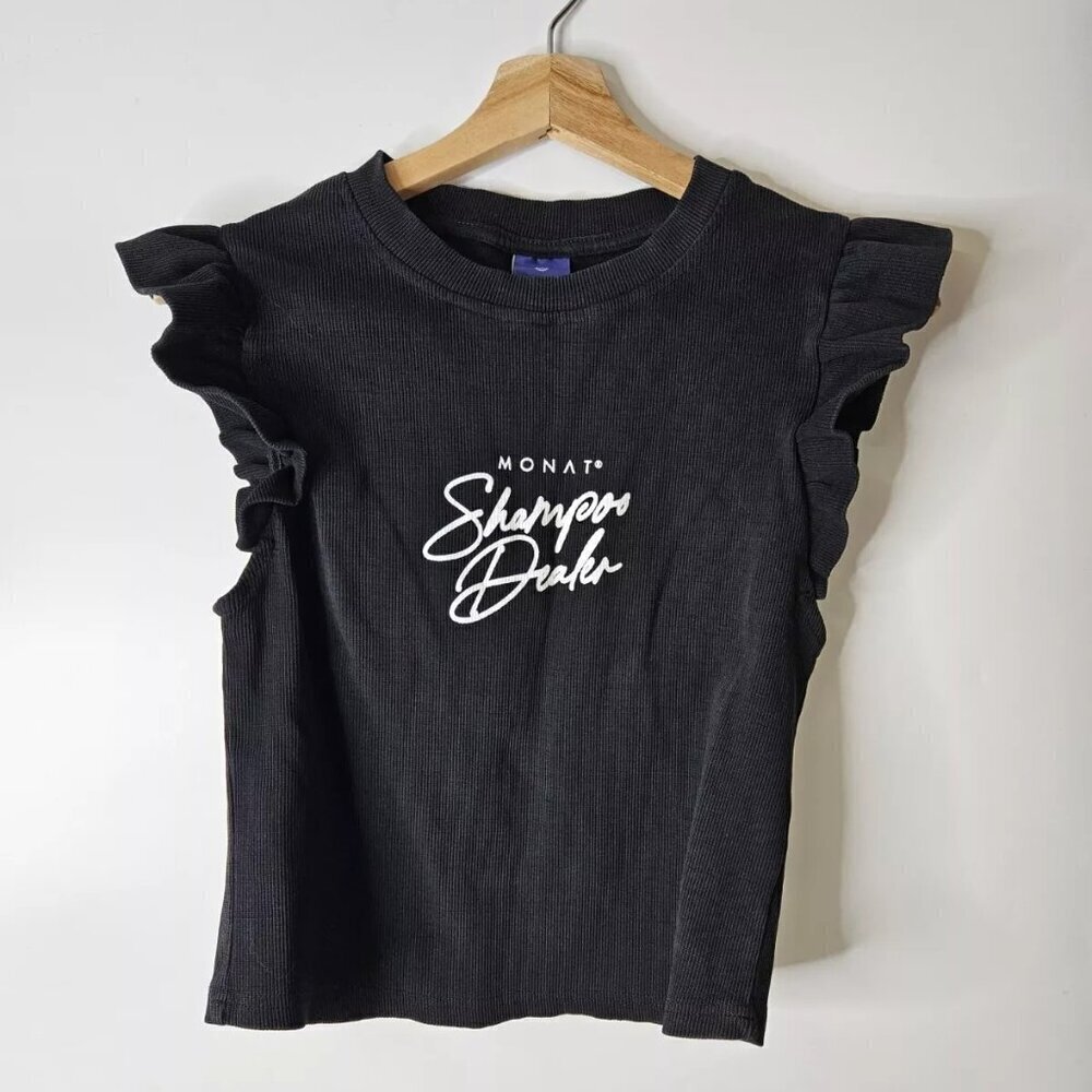 Monat Gear Women's Shampoo Dealer Keke Ruffle Sleeve Ribbed Top Black Large